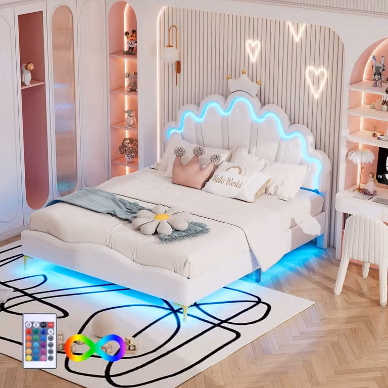 HAUSS SPOLE Kinderbed 140x200 cm - Gestoffeerd Tweepersoonsbed met LED en Kroonvormig Hoofdbord in Wit MDF