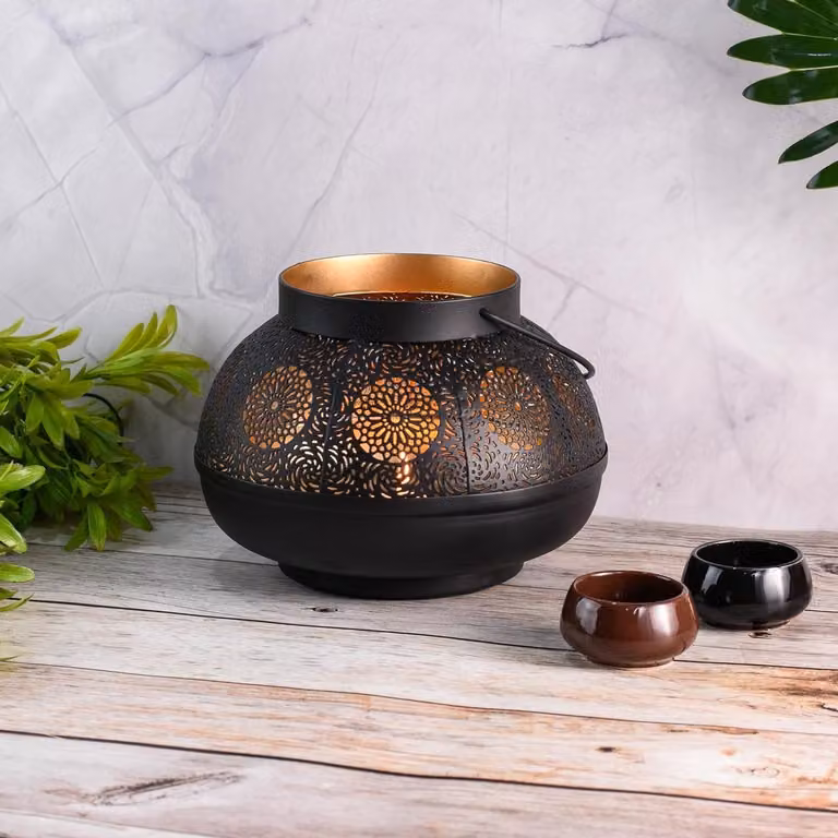 Oosterse Lantaarn Windlicht Decoratie Zwart Goud Diepte: 17,5 cm