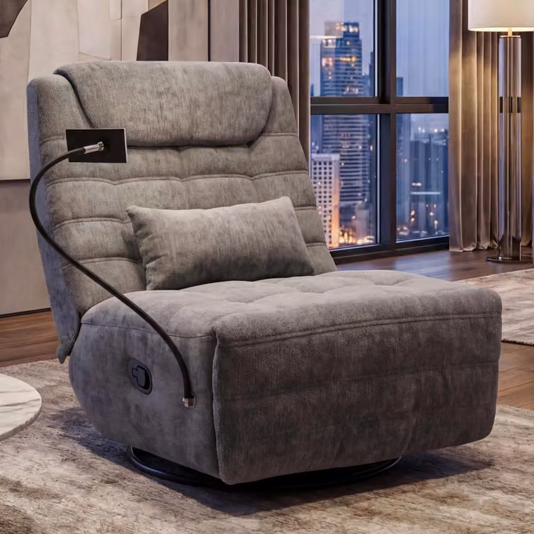 Mendler Relaxfauteuil HWC-P92, draaibare tv-fauteuil met kantelfunctie en telefoonhouder, donkergrijs chenille