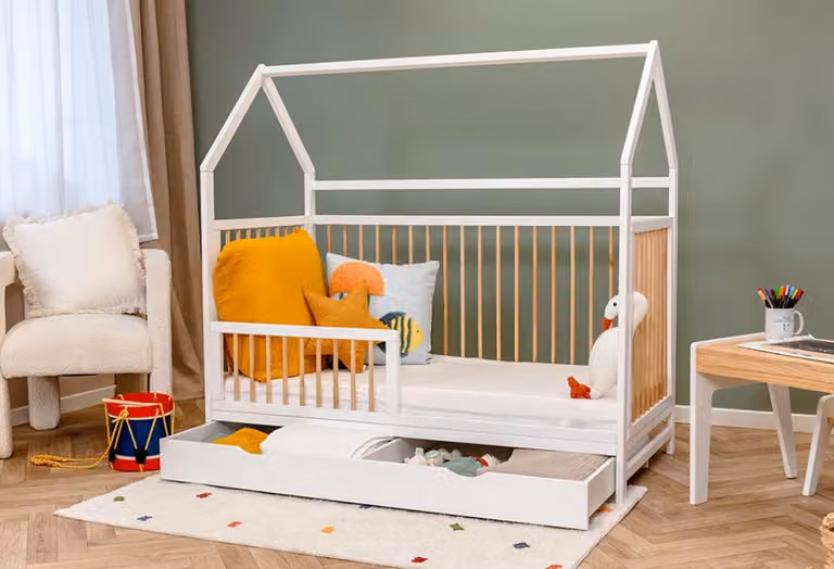 Hypnia Scandinavisch Kinderbed met Huisframe en Lades, Wit, Massief Hout