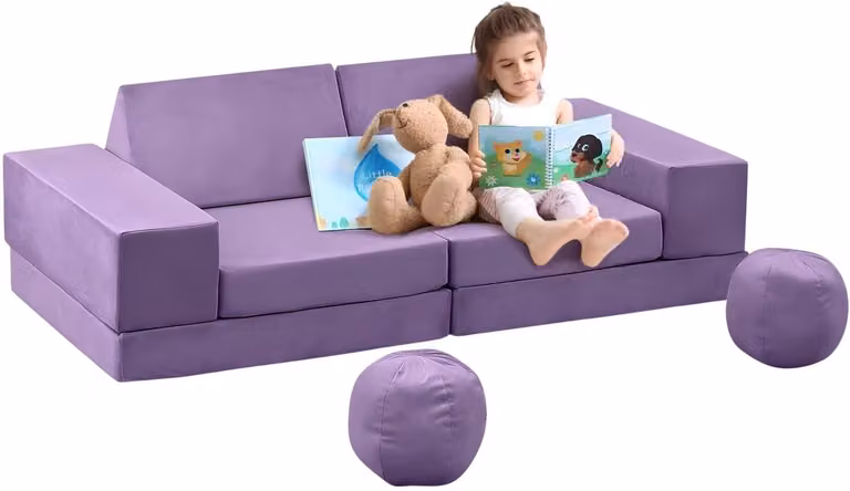 Modulaire 12-delige kinder speelbank met afneembare hoezen - Paars en Donkerblauw stof