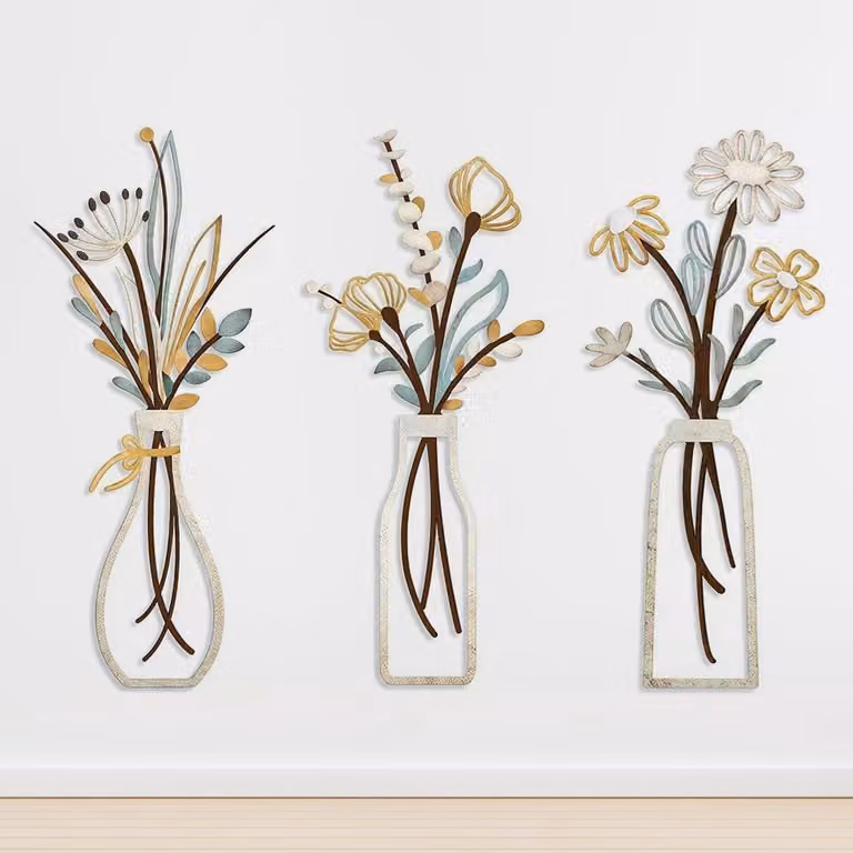 Set van 3 Metalen Bloemen Wanddecoratie - Kleurrijke Minimalistische Vaas Wandkunst Sculptuur voor Woonkamer, Slaapkamer en Eetkamer