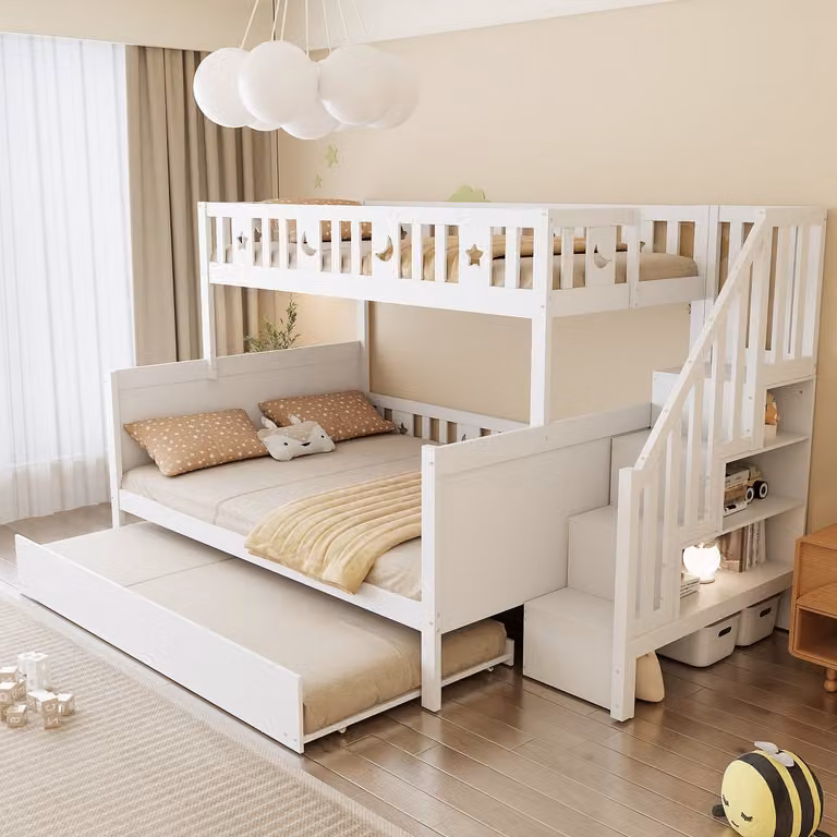 Wishdor Kinder stapelbed met opbergtrap en uitschuifbed, massief hout, wit, B/D/H: 90 x 200 cm & 140 x 200 cm