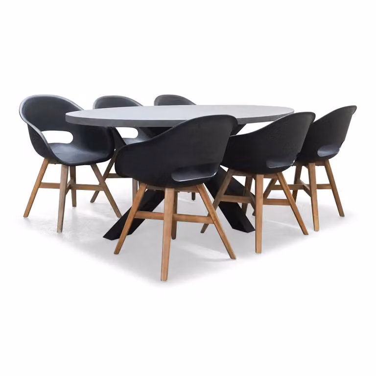 Stockholm/Karlstad dining tuinset voor 6 personen in zwart met betonlook en kunststof, Breedte: 200 cm
