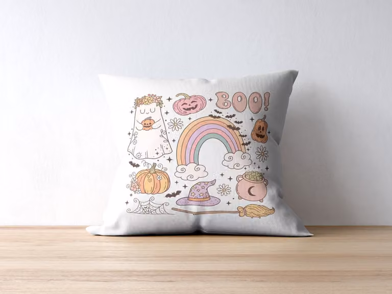 Pastel Halloween Sierkussen met Kawaii Spook, Regenboog en Pompoen Decoratie