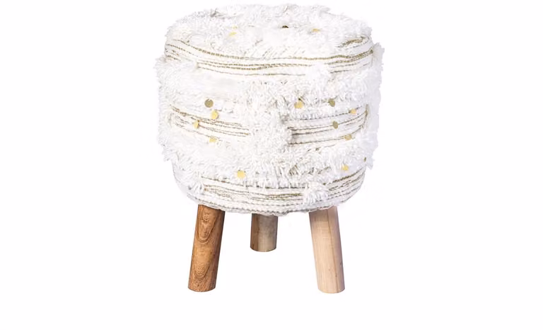 Padiro ronde zitkruk boho stijl met franjes en kwastjes - crème en khaki - wolmix en hout - B/D/H: 38 x 38 x 50 cm