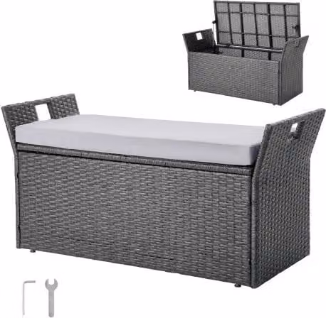 VEVOR Tuinbank met opbergruimte en kussen, PE rotan zitkist voor tuin, terras of balkon, B/D/H: 104 x 45 x 52 cm