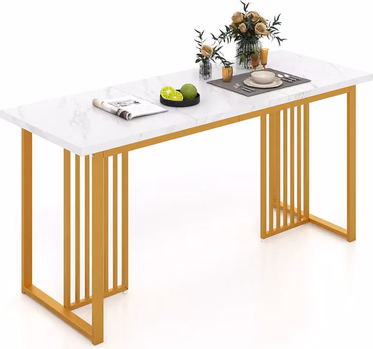Costway Eettafel met Marmerlook en Metalen Poten, Wit en Goud, B/D/H: 160 x 60 x 76 cm