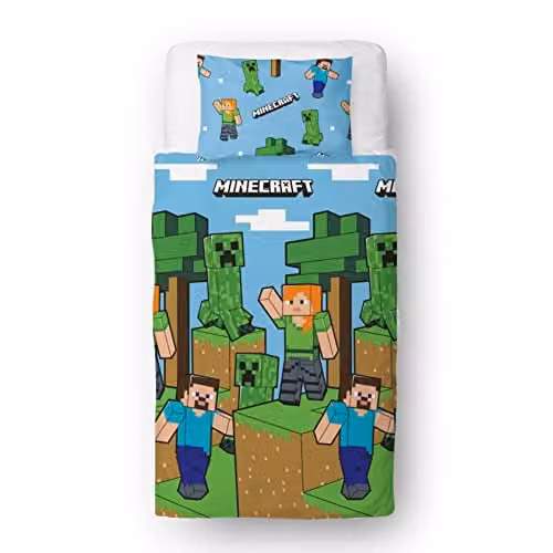 Minecraft Officiële Dekbedovertrek Set met Kussensloop, Blauw, 135 x 200 cm