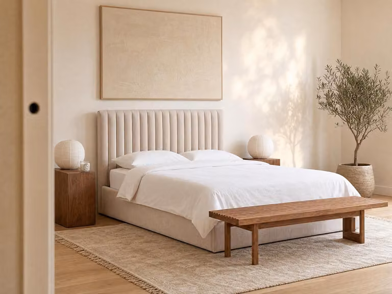 SARANELI Bed met opbergruimte, Gestoffeerd, Beige, 180 x 200 cm