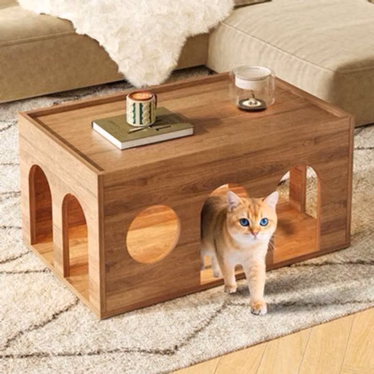 Walnootkleurige opbergpoef met speelplek voor katten en duurzaam ontwerp