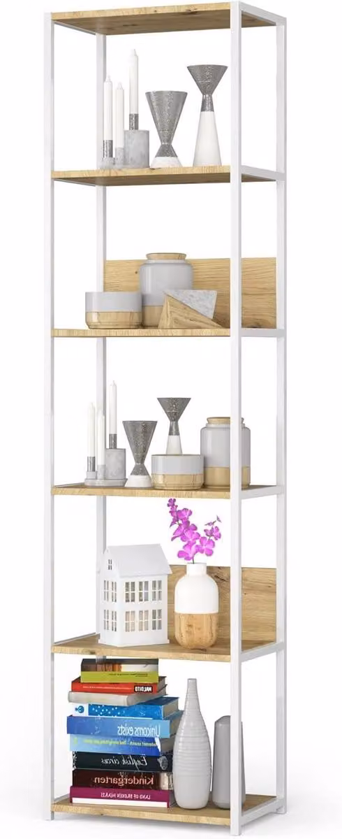 Industrieel rek Boekenkast Loft met 6 open planken - Wit eiken - Breedte: 50 cm