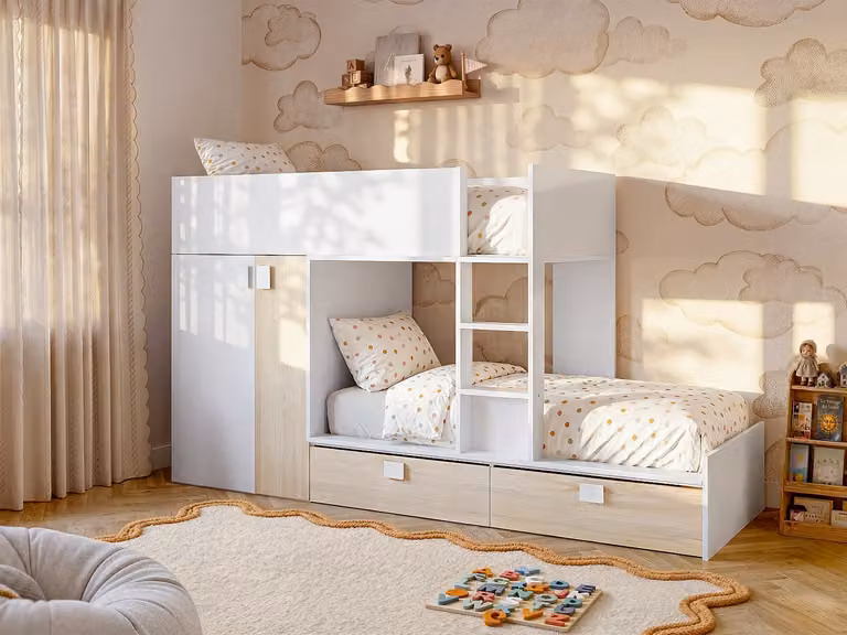 Vente-Unique Stapelbed JUANITO met ingebouwde kast en lades, Wit en Eiken, B/D/H: 190 x 90 x 189 cm