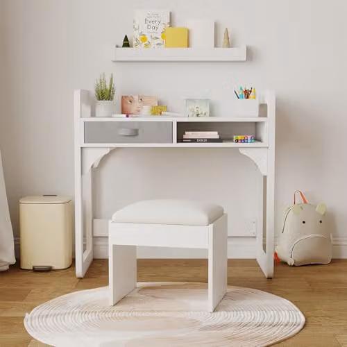 GarveeLife Kinderbureau met stoel en 2 laden, wit, B/D/H: 86 x 46 x 80 cm