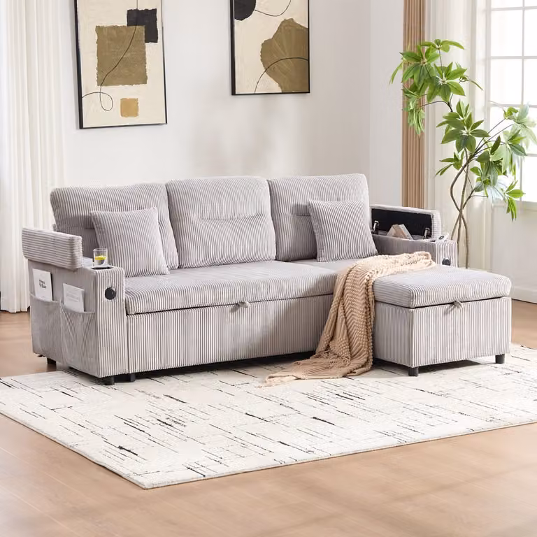 MODENUIT Slaapbank met Opbergruimte, USB-laadpoort en Chaise Longue, Lichtgrijs, B: 212,5 cm, D: 136 cm