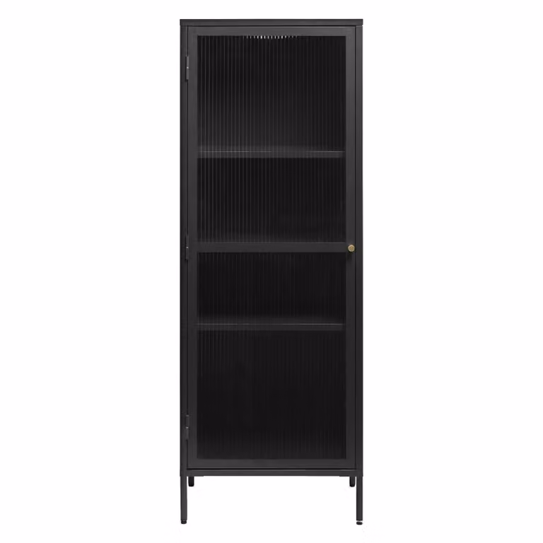 Nest of Nora Leni Metalen Vitrinekast met Geribbeld Glas - Zwart - Hoogte: 160 cm