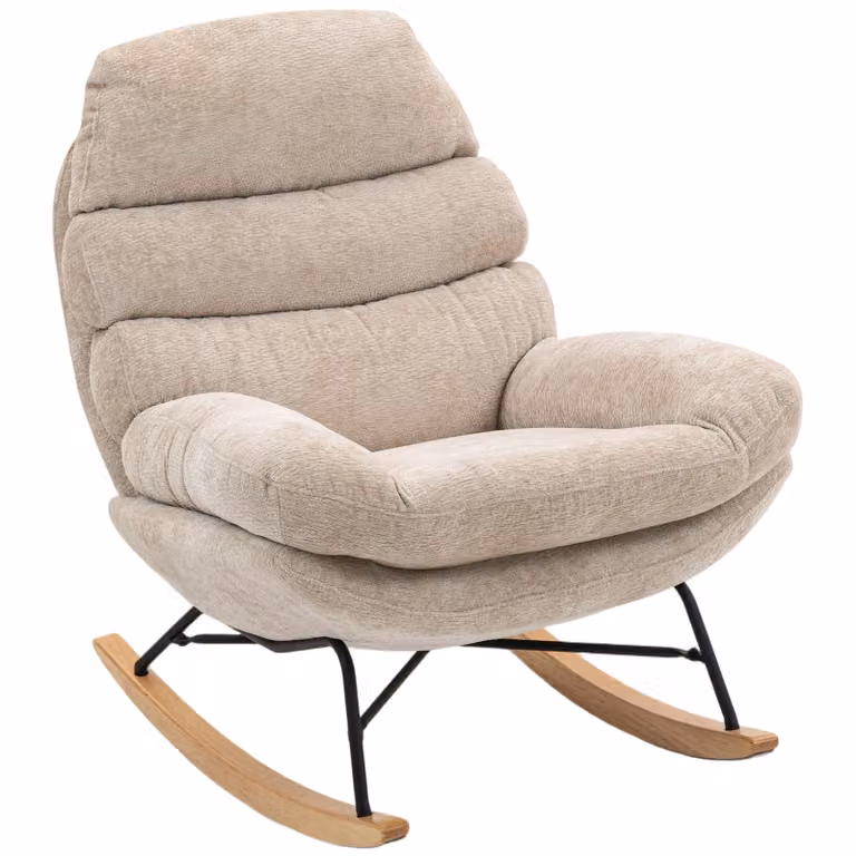 HOMCOM Gepolsterde Schommelstoel Moderne Relaxstoel met Stalen Poten en Houten Glijders, Crème-Wit, B/D/H: 80 x 103 x 91 cm