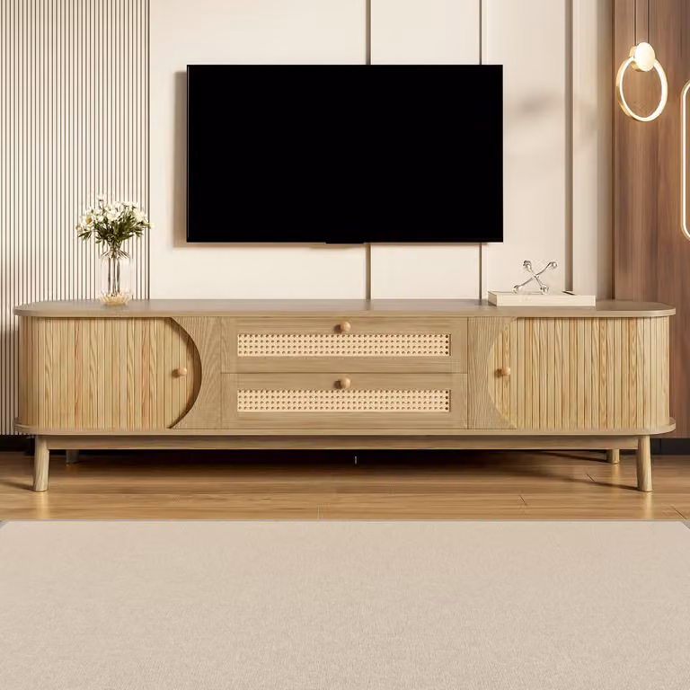 MODFU TV-meubel van MDF en massief hout met rattan laden en deuren, natuurlijk design, B/D/H: 170 x 46 x 39,5 cm