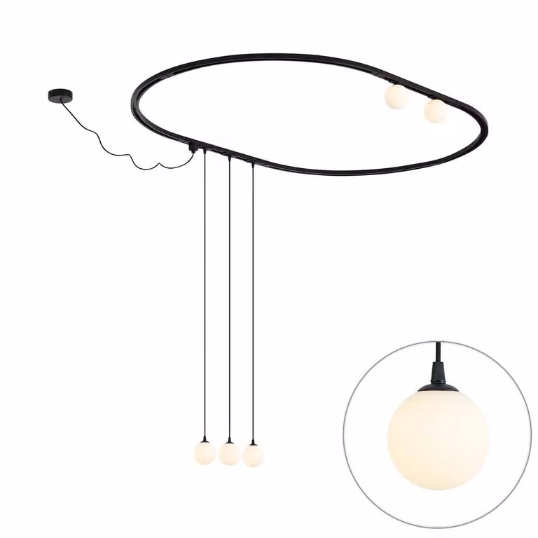 Qazqa Modern railsysteem met 3 LED hanglampen en glazen elementen in zwart