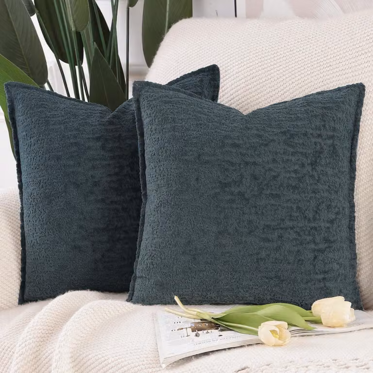 Set van 2 Grijsblauwe Chenille Fluweel Kussenslopen met Franje voor Boho Woonkamer Decoratie, 40 x 40 cm