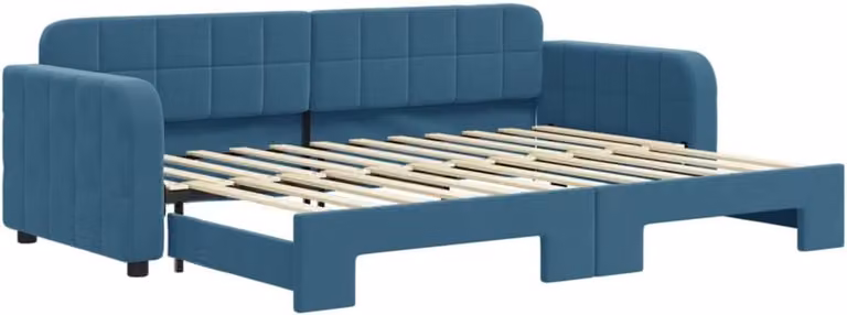 Blauw fluwelen uittrekbaar familiebed voor slaapkamer of logeerkamer, B/D: 80 x 200 cm