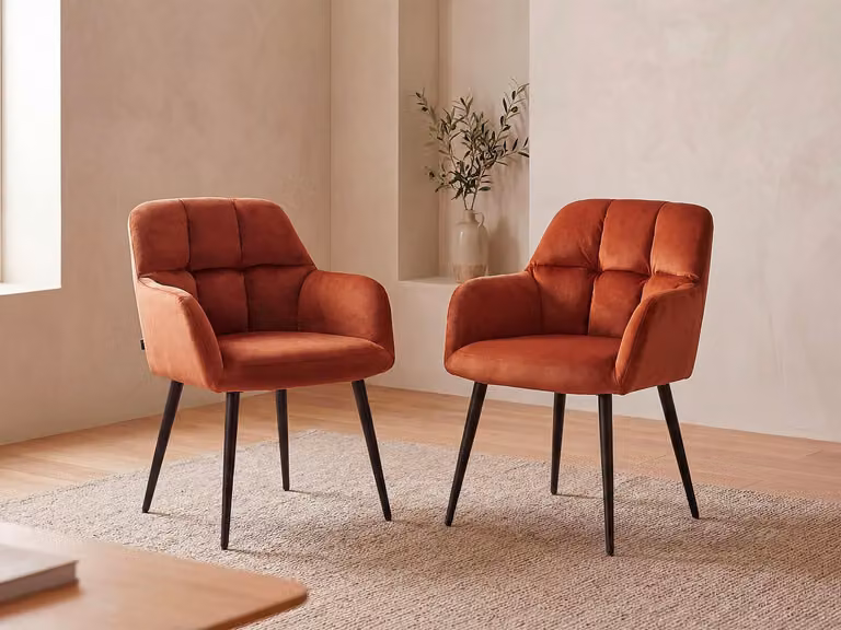 Set van 6 PEGA eetkamerstoelen met armleuningen van fluweel en metaal - Oranje/Terracotta