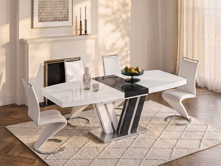 Uitschuifbare eettafel NOAMI II voor 8+ personen in wit en antraciet met butterfly blad