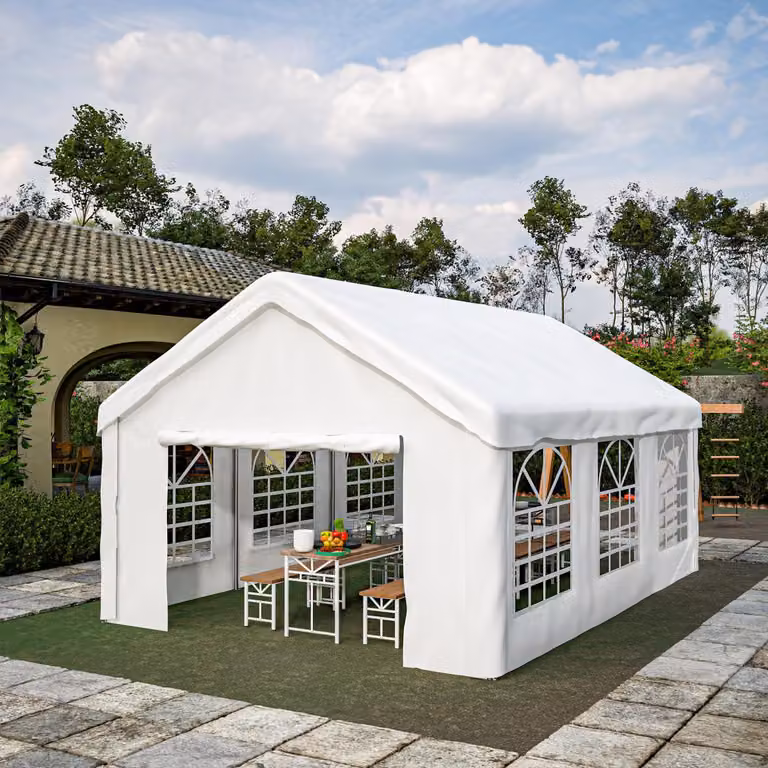 Great Han Carport Wit, 4x6 meter, met rollende deuren en afneembaar dak en zijwanden