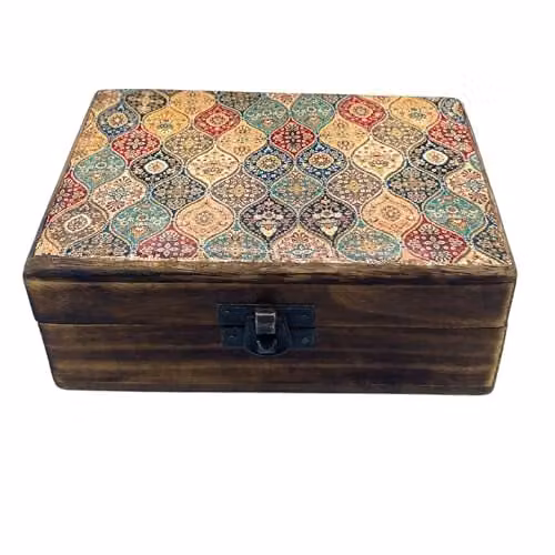 Ancient Wisdom Middelgrote geëmailleerde houten kist van keramiek met traditioneel patroon, B/D/H: 15 x 10 x 6 cm