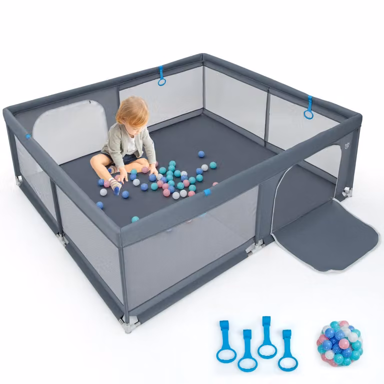 Costway Opvouwbare Babybox met 50 Oceaanballen en 4 Handgrepen, Grijs