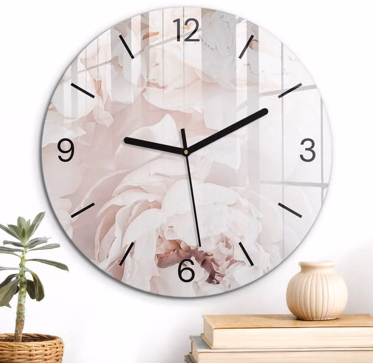 ArtPrintCave Romig Glazen Klok - Ronde Wandklok met Bloemig Design - Diameter: 30 cm