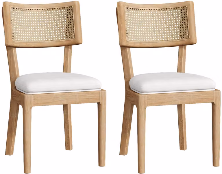 Merax Eetkamerstoelen Set van 2 – Massief Hout & Rattan Rugleuning – Met Linnen Zitkussen – Houtkleur – B/D/H: 50 x 58 x 88 cm