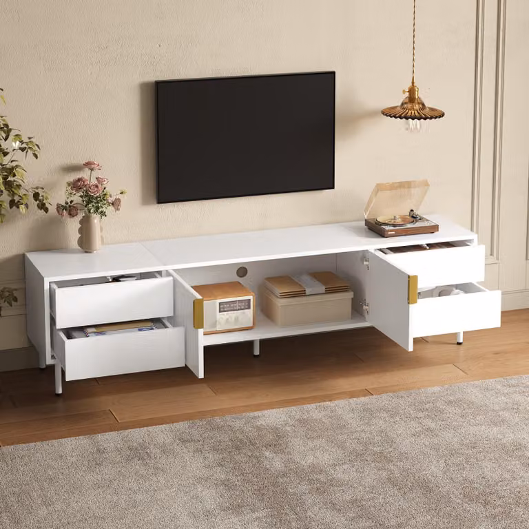 OKWISH TV-meubel met laden en ribbeldeuren en metalen handgrepen, wit, B: 180 cm, H: 49,5 cm, D: 40 cm