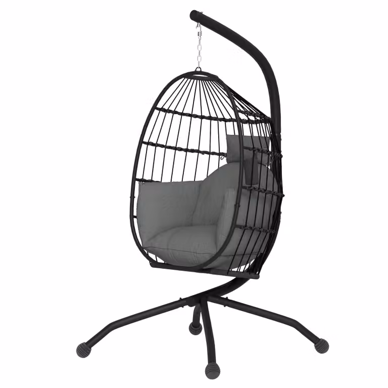 Outsunny Buitenhangstoel Egg Chair met inklapbare korfzitting, dikke kussens, hoofdsteun en bekerhouder, Zwart
