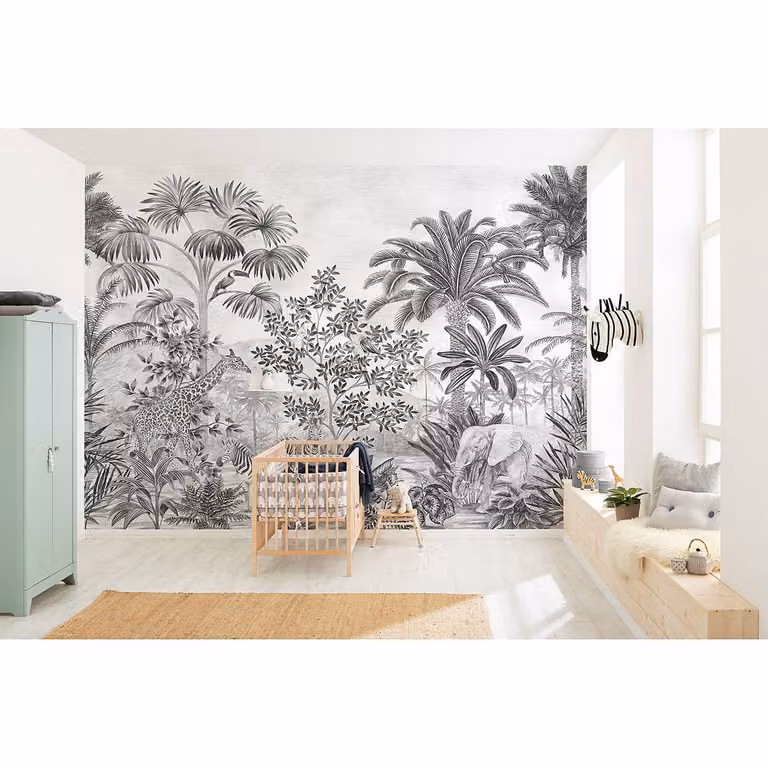 home24 Fotobehang Jungle Evolution Mural met natuurprint in zwart en grijs, Breedte: 350 cm, Hoogte: 280 cm
