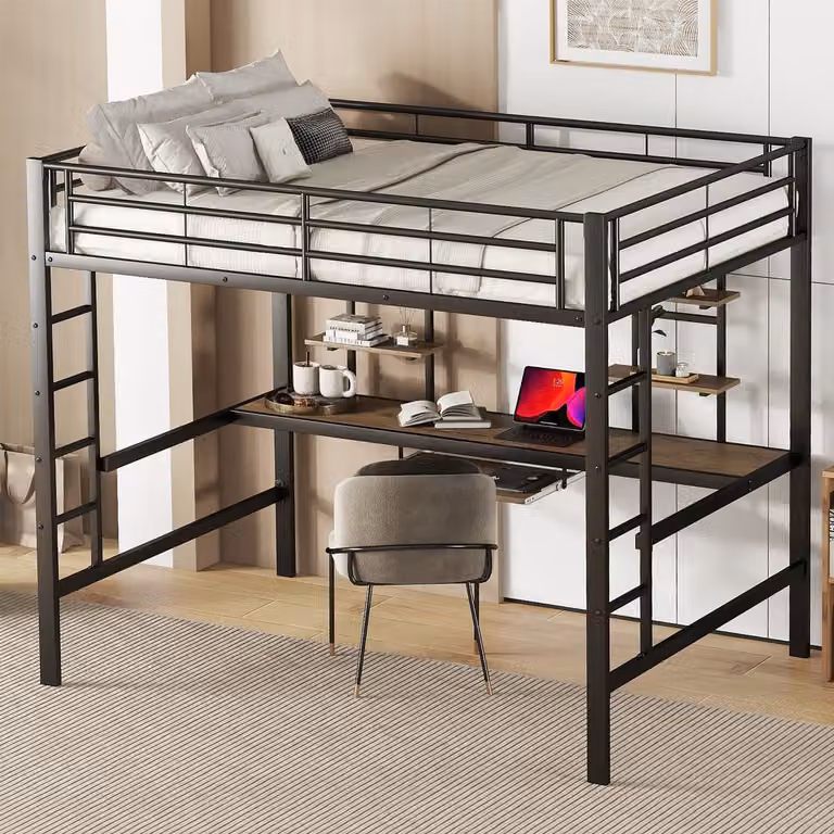Wishdor Hoogslaper met Bureau, 2 Boekenplanken en Toetsenbordplank, Zwart, 140 x 200 cm