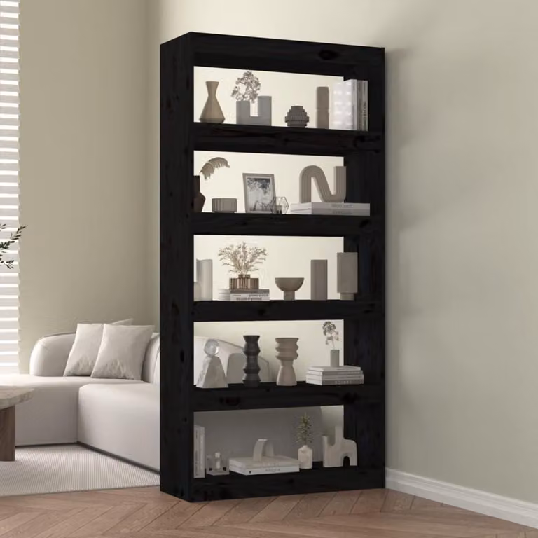 Boekenkast Roomdivider Opbergrek in Massief Grenenhout Zwart B/D/H: 80 x 30 x 167 cm