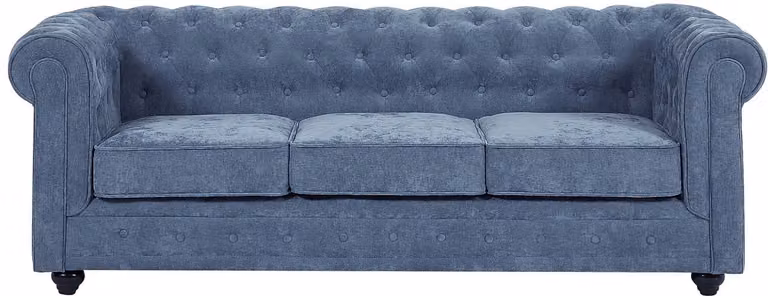 Chesterfield driezitsbank in blauwe fluwelen stof met houten poten