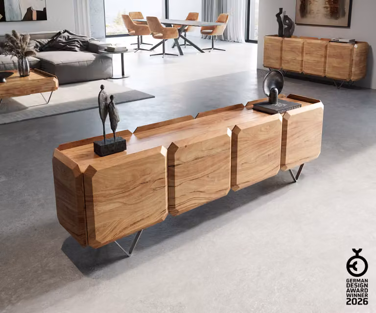 DELIFE TV-meubel Acacia Bruin met RVS poten, Breedte: 200 cm, Diepte: 40 cm, Hoogte: 57 cm