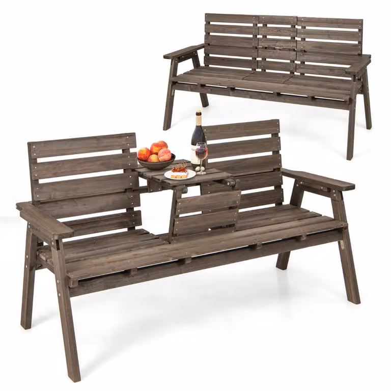 Costway Vurenhouten Buitenbank met Opklapbare Centrale Tafel en Armleuningen voor Tuin, Balkon of Terras