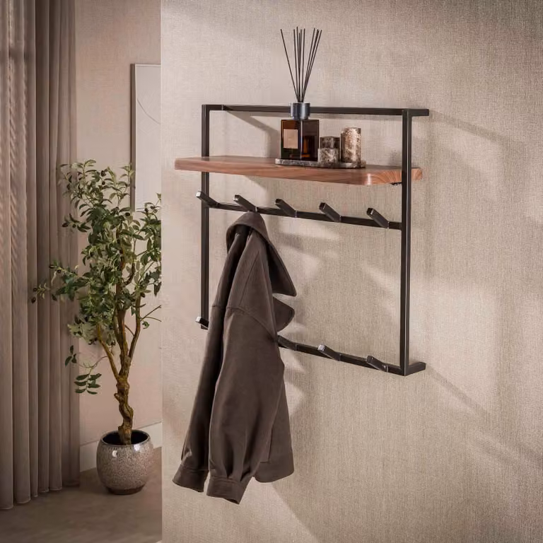 WoonStijl Kapstok Air Solid hoog met 12 haken, acacia hout en metaal, bruin/brons