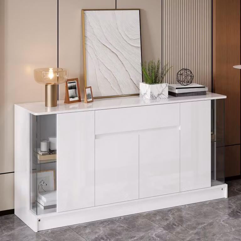 STILVORA dressoir met hoogglans afwerking, glazen vitrine met dubbele deur, lade en APP-LED-verlichting, B/D/H: 150 x 40 x 75 cm