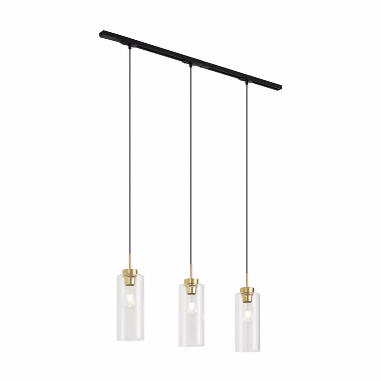 Qazqa Modern railsysteem zwart met 3 dimbare goud/messing hanglampen en helder glas