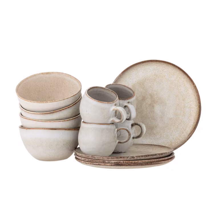 Bloomingville Sandrine 12-delige ontbijtset van keramiek en steengoed, beige