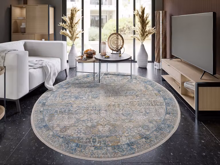 home24 Laagpolig vloerkleed Auroras Squisito B rond grijs/blauw Ø 240 cm mixweefsel