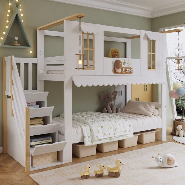 HAUSS SPOLE Kinder Stapelbed met Opbergtrap en Raamdetails - Wit Naturel - Massief Hout en MDF - 90 x 200 cm