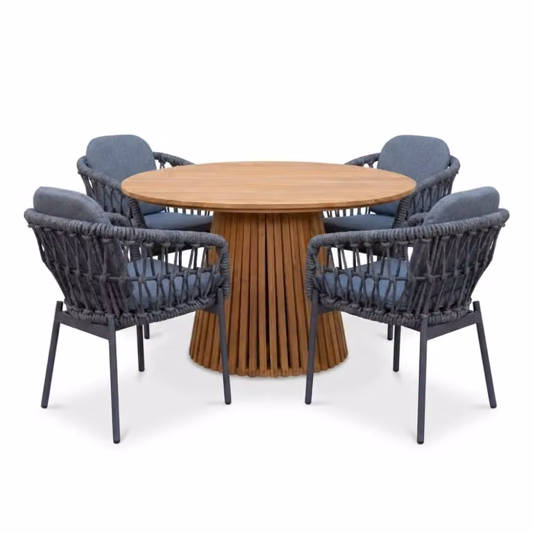 Palau/Femke antraciet dining tuinset voor 4 personen van teakhout en touw met een ronde tafel van Ø120cm