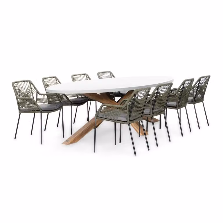 Livorno/Seville olijfgroene dining tuinset voor 8 personen met betonlook en touw, ovaal, 280 cm
