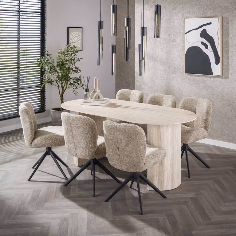 Dimehouse Ovale Eettafel Jimi Travertin Beige Keramiek Japandi B/D: 180 x 90 cm