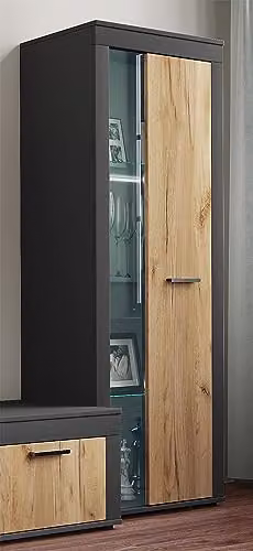 VCM Usilo Vitrinekast met glazen deuren, Eiken/Antraciet/Grijs, B: 60 cm, D: 35 cm, H: 159 cm